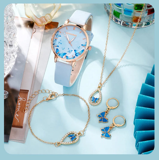 Elegant 5-Piece Set: Women's Butterfly Dial Leather Strap Quartz Watch with Matching Accessories