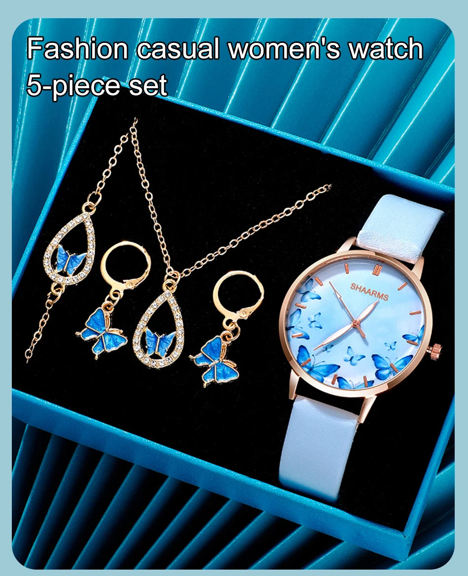 Elegant 5-Piece Set: Women's Butterfly Dial Leather Strap Quartz Watch with Matching Accessories