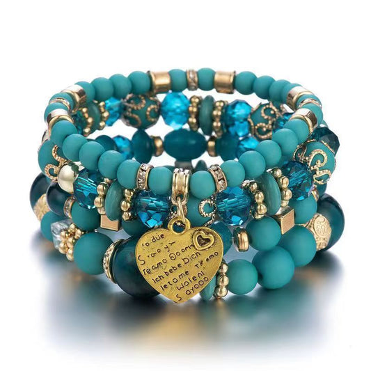 Bohemian Multi-Layered Charm Bracelet for Women - Metal Heart & Beaded Design